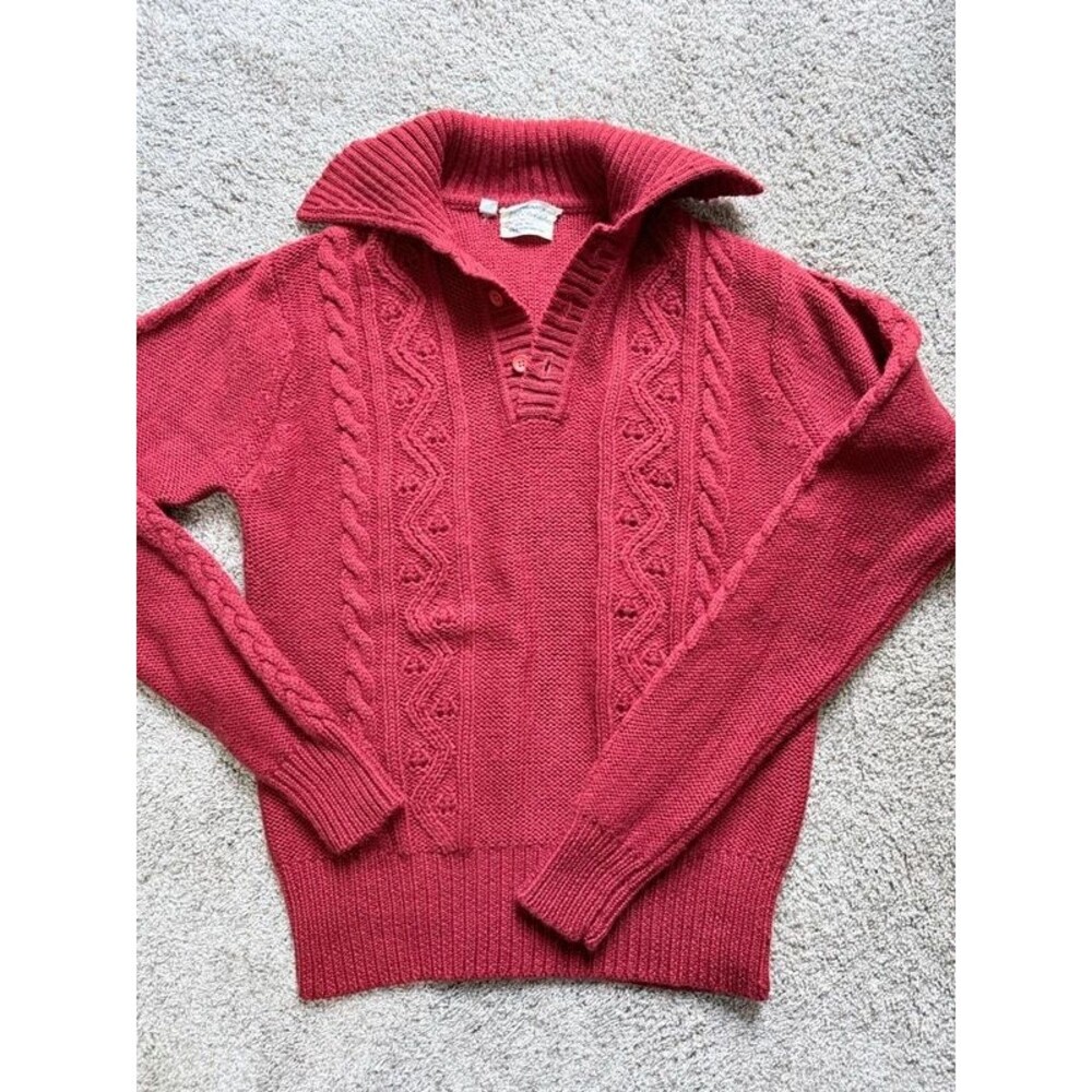 Vintage Lord & Taylor "The Man's Shop" 100% Wool Cable Knit Polo Sweater - Red